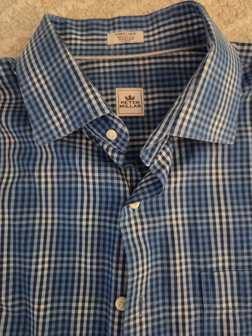 Peter Millar Men's Blue & White Gingham Long Sleeve Shirt - Size XL